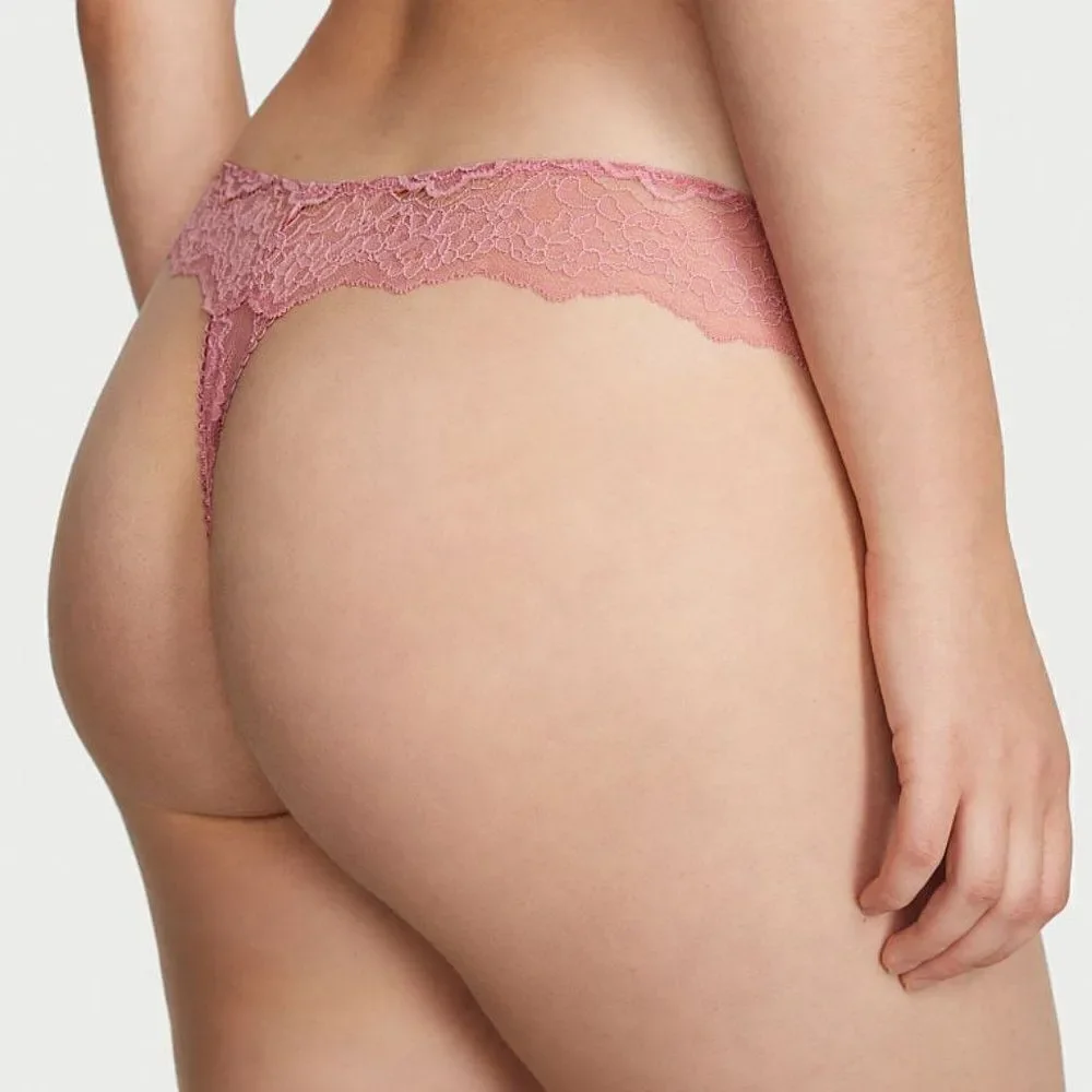 NWT Victoria’s Secret Ribbon Slot Lace Thong Panty Pink Dusk Mauve Size Medium